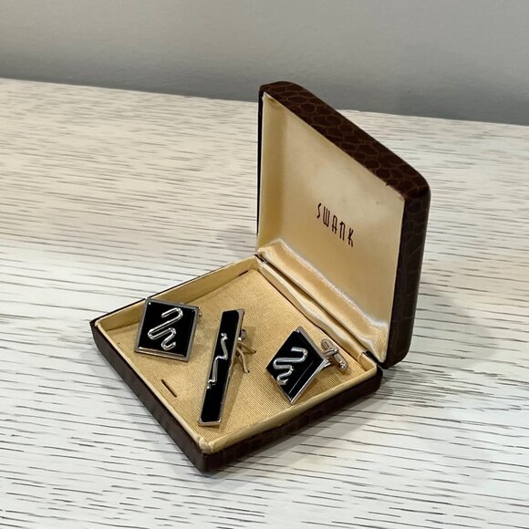 Vintage Swank Cufflinks & Tie Clip Black & Silver Classic in Original Box - Picture 5 of 9